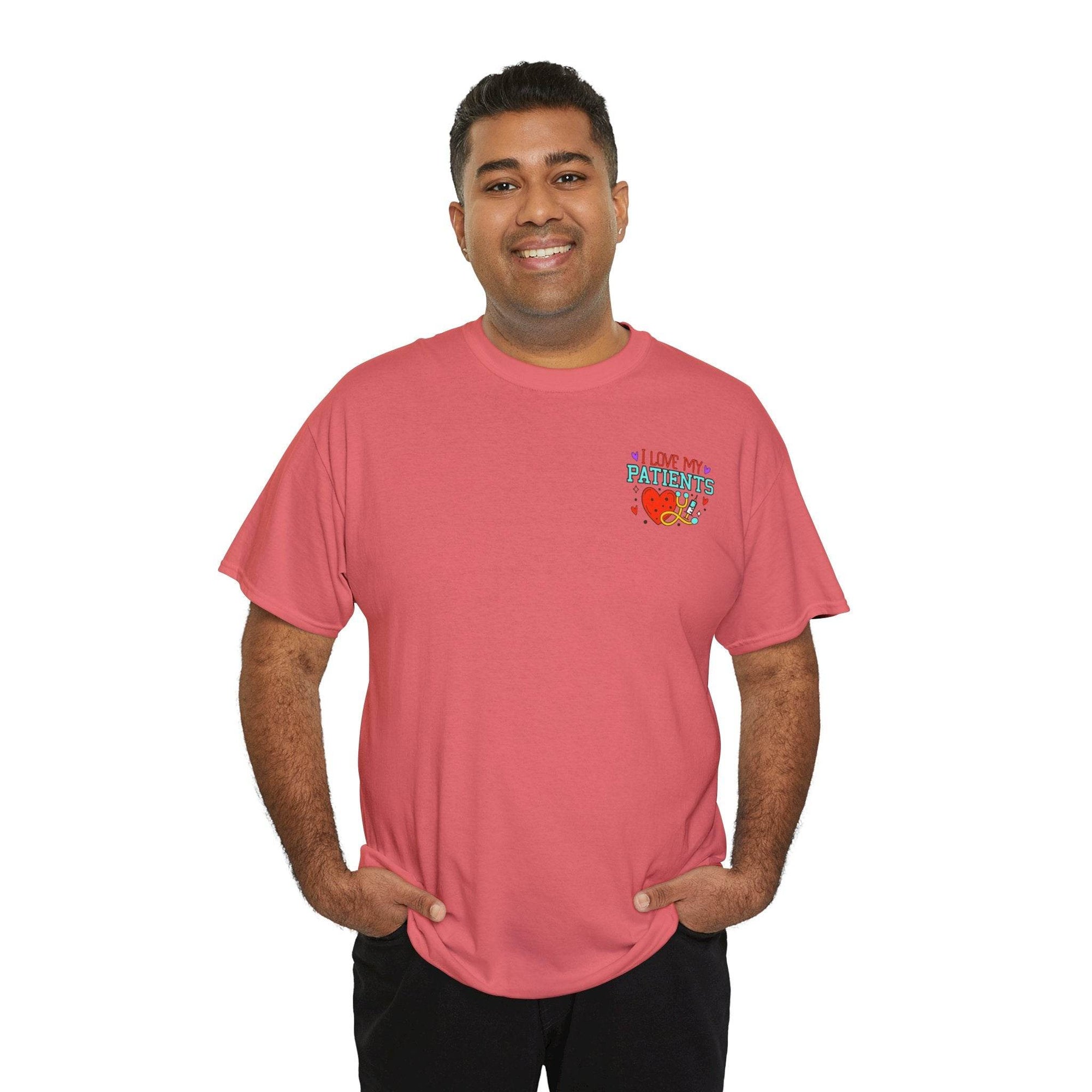 Man wearing pink Healthcare Workers T Shirt with left chest graphic reading I Love My Patients.