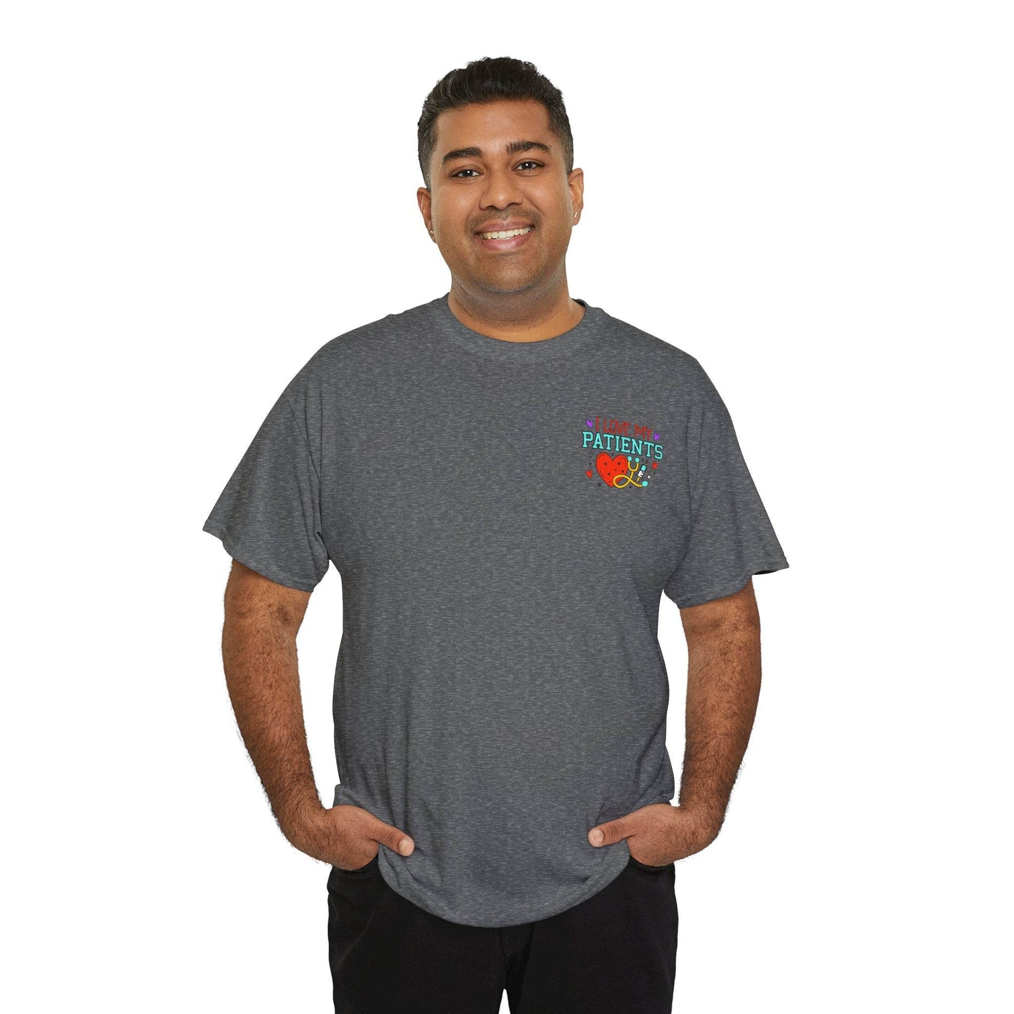 Smiling man wearing a gray healthcare workers graphic tee with a colorful I Love My Patients chest design.