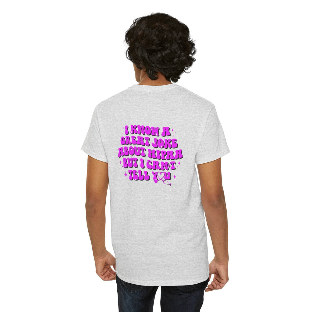 Back view of a gray T-shirt with a purple HIPAA joke graphic.
