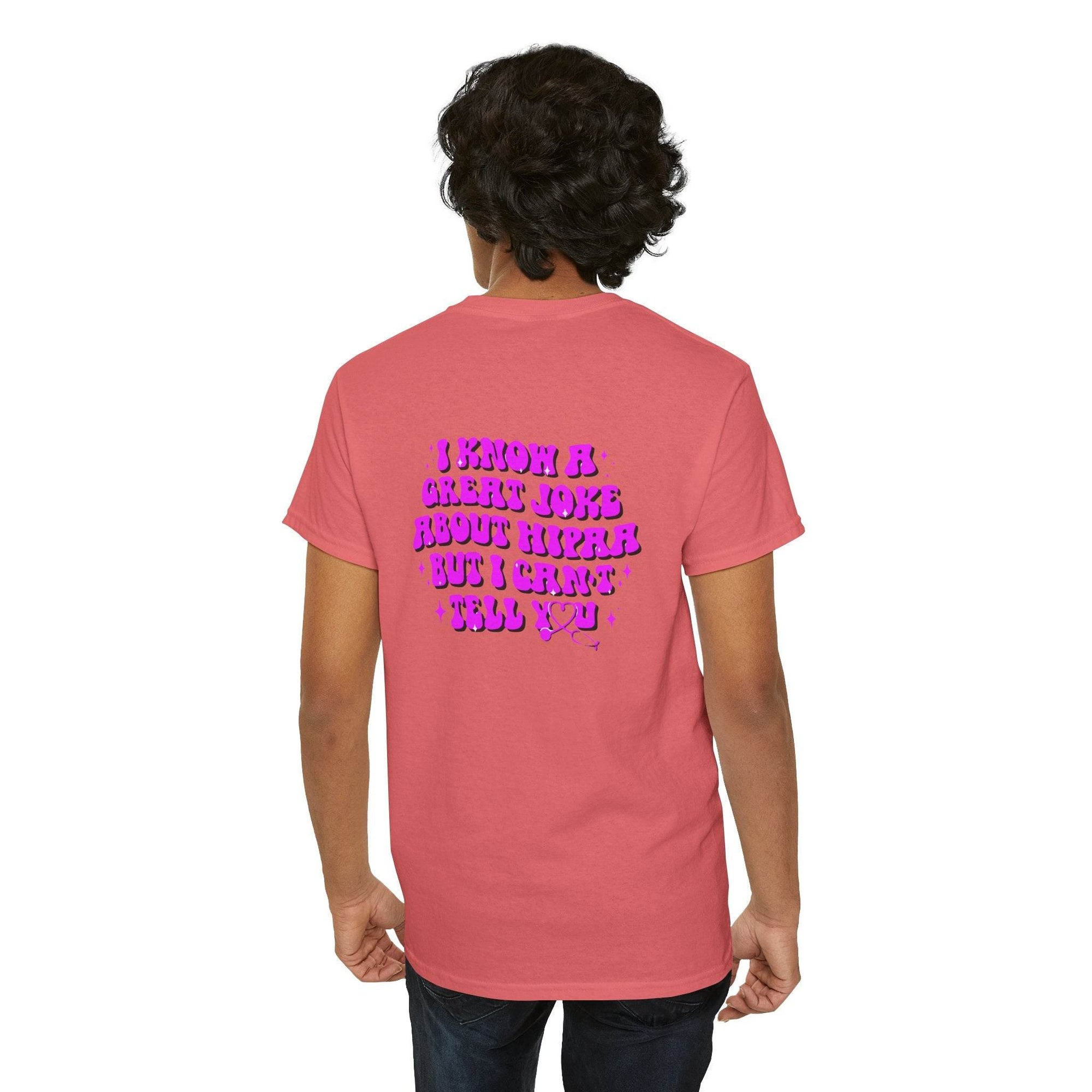 Pink T-shirt back view with purple HIPAA joke graphic, a medical humor gift.