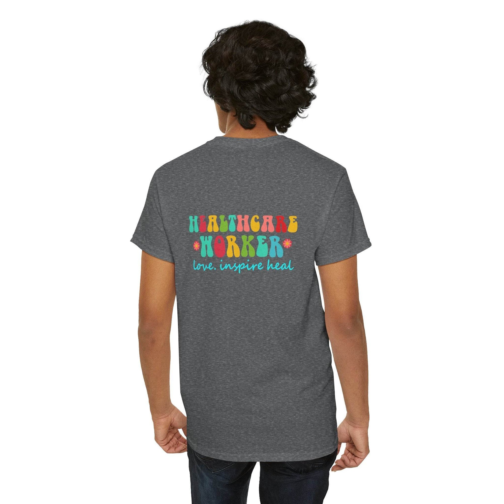 Heather gray healthcare workers T-shirt with colorful Healthcare Worker text and love inspire heal on back