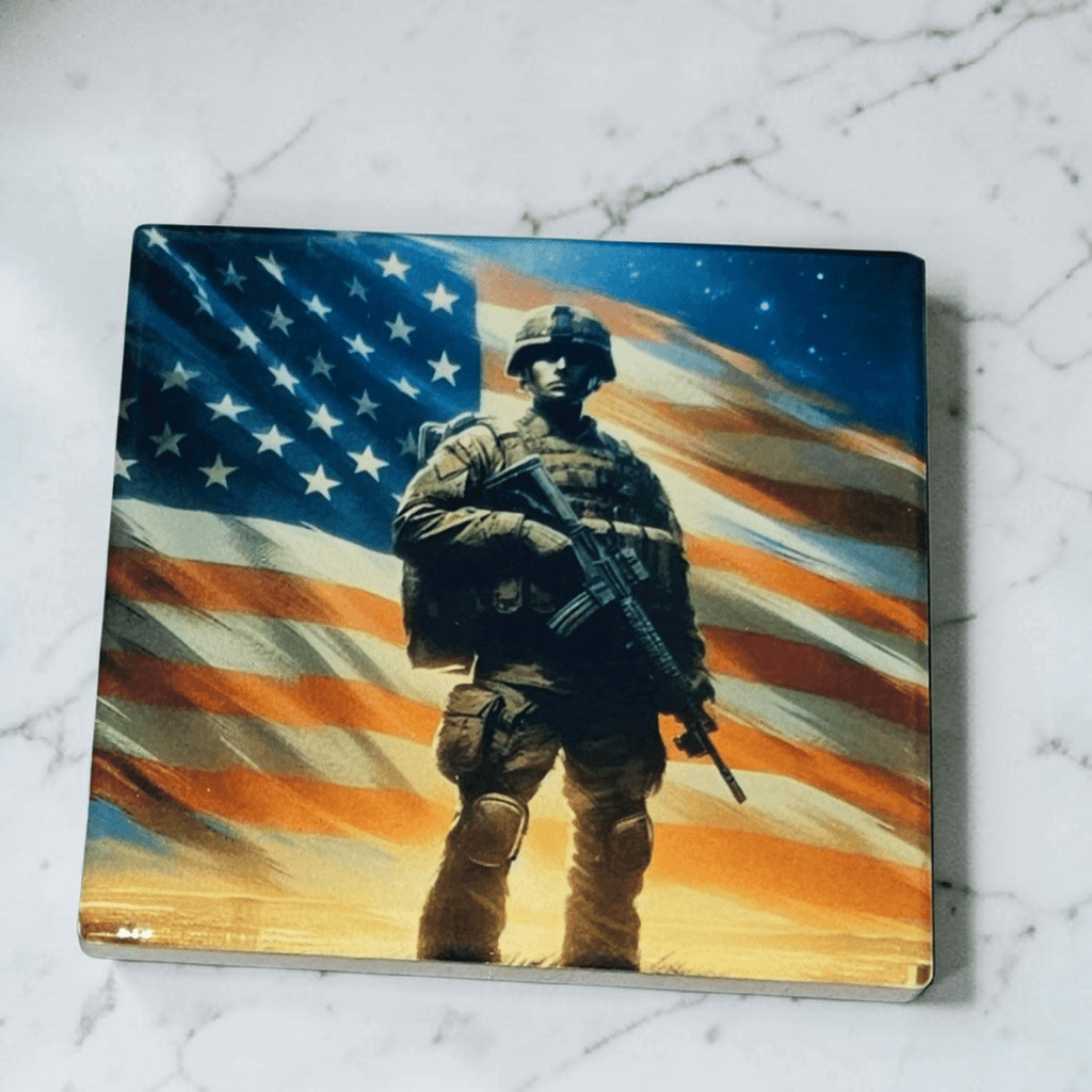 Flag With Soldier Coaster Patriotic Table Decor Drink Coaster Gift For Home Bar Office