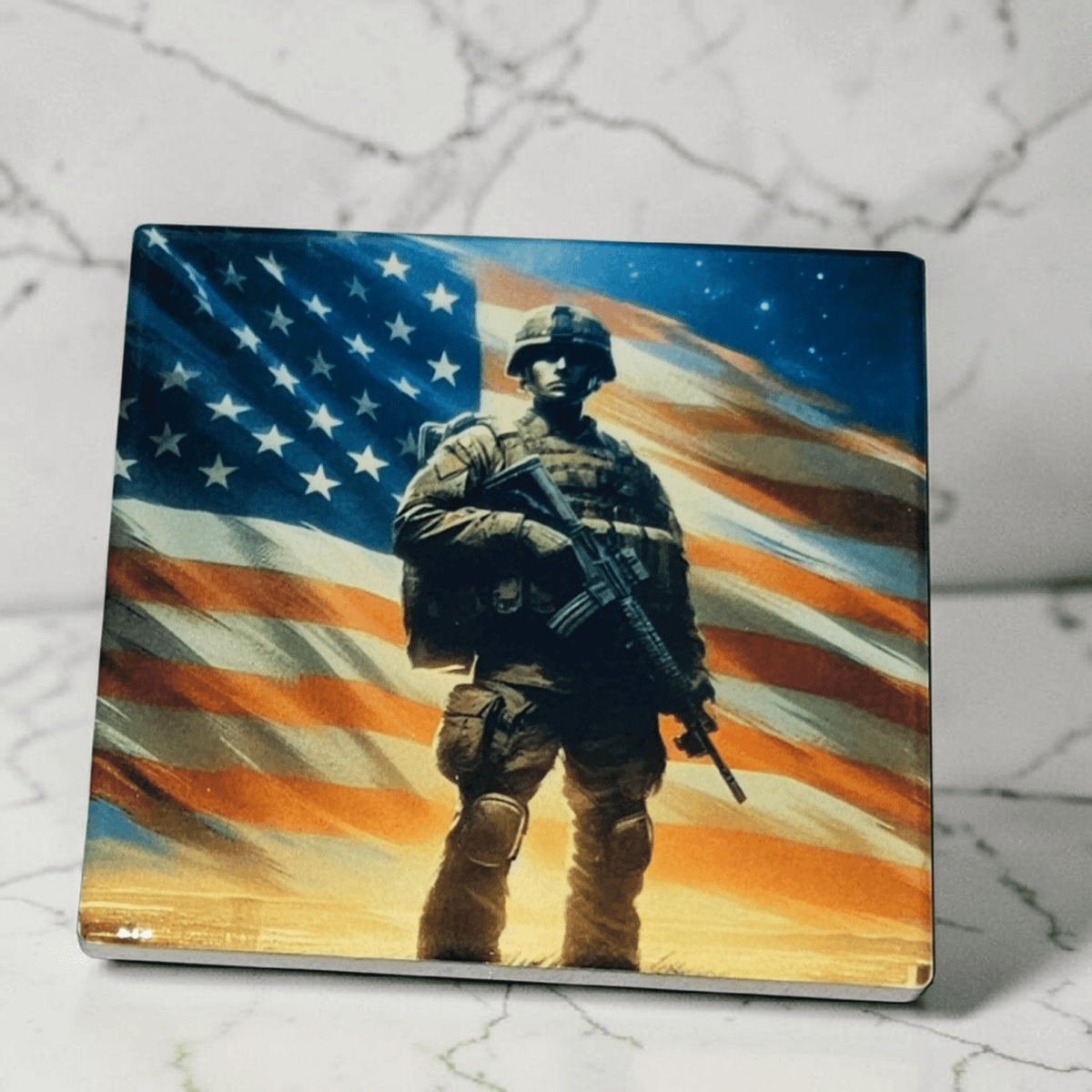 Flag With Soldier Coaster Patriotic Table Decor Drink Coaster Gift For Home Bar Office
