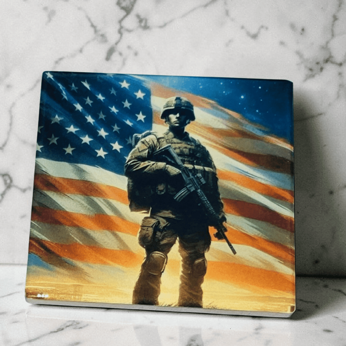 Flag With Soldier Coaster Patriotic Table Decor Drink Coaster Gift For Home Bar Office