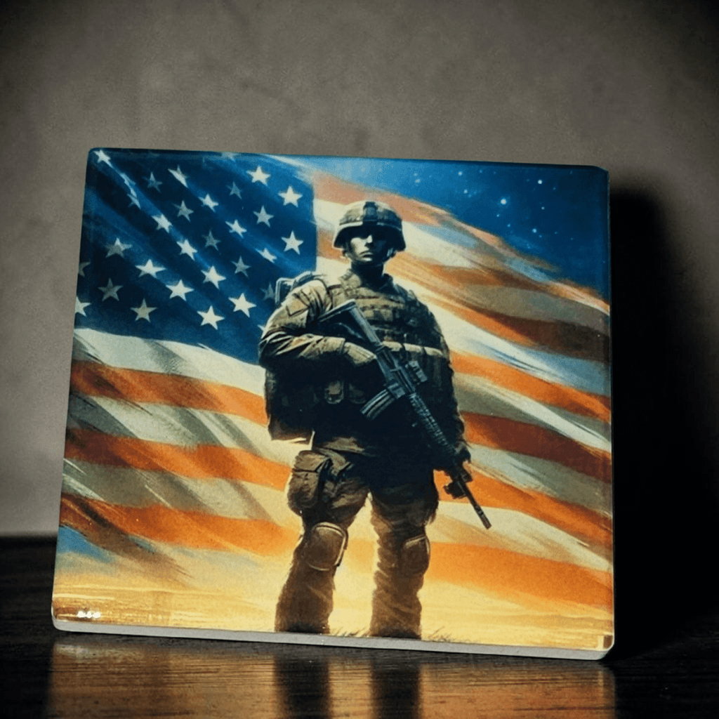 Flag With Soldier Coaster Patriotic Table Decor Drink Coaster Gift For Home Bar Office