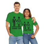 Couple wearing green Game Over tees (Gildan 5000) with wedding stick-figure couple and baby-on-board icon.