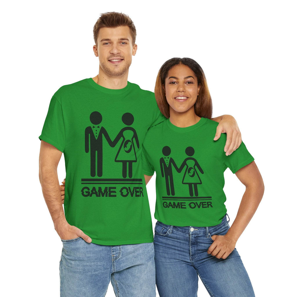 Couple wearing green Game Over tees (Gildan 5000) with wedding stick-figure couple and baby-on-board icon.