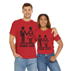 Game Over funny wedding & pregnancy reveal T-shirt on couple; stick figures with baby icon, red Gildan 5000.
