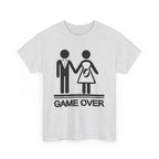 Game Over wedding and pregnancy reveal tee with a stick-figure couple, baby icon, and GAME OVER text.