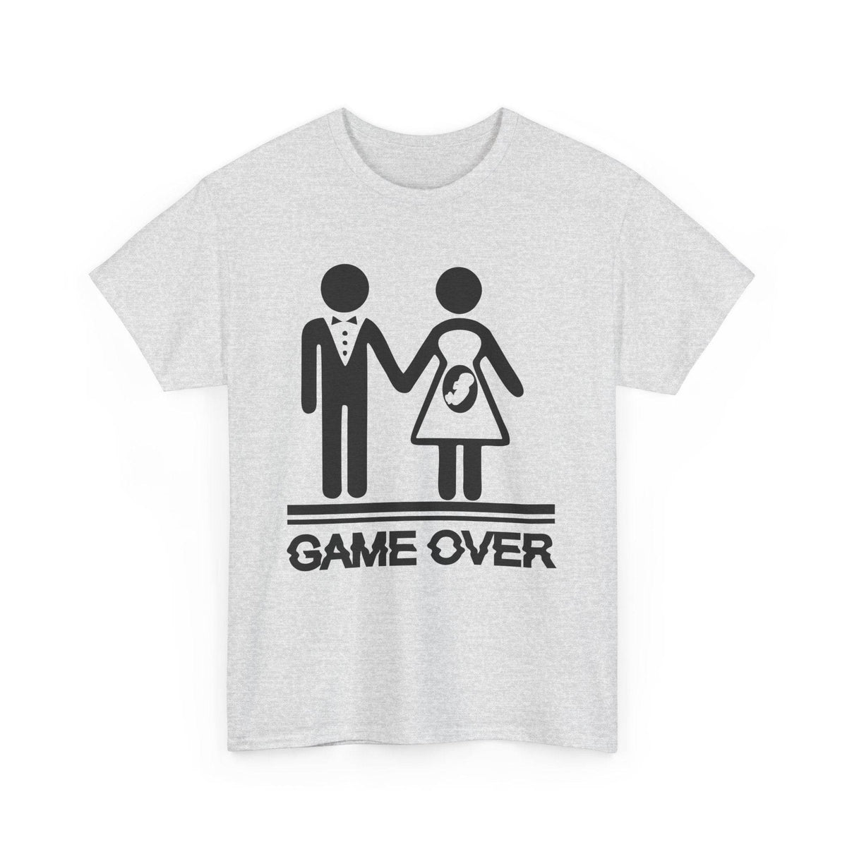 Game Over wedding and pregnancy reveal tee with a stick-figure couple, baby icon, and GAME OVER text.