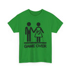 Green T-shirt with black Game Over design: stick-figure couple, baby-on-board icon, and bold GAME OVER text.