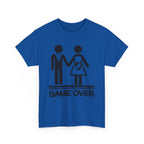 Blue Gildan 5000 T-shirt with black GAME OVER graphic: couple holding hands and baby-on-board icon.