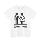 Game Over wedding and pregnancy reveal tee with stick-figure couple, baby icon, and bold GAME OVER text.