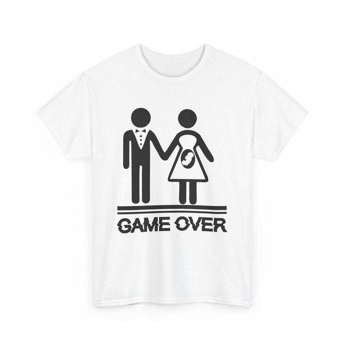 Game Over wedding and pregnancy reveal tee with stick-figure couple, baby icon, and bold GAME OVER text.