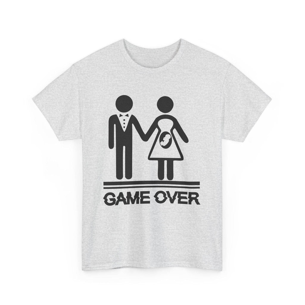 Game Over wedding and pregnancy reveal tee with a stick-figure couple, baby icon, and GAME OVER text.