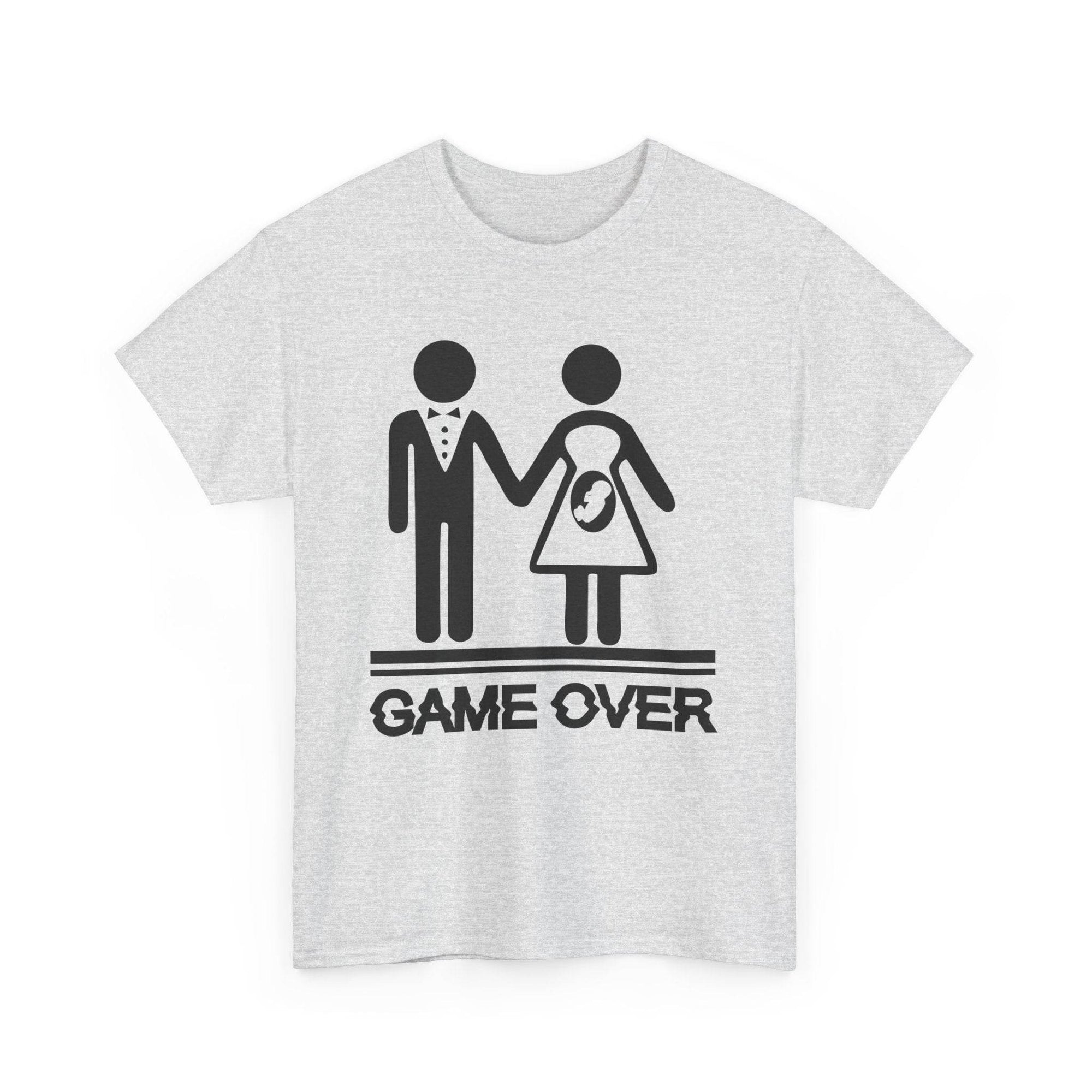 Game Over wedding and pregnancy reveal tee with a stick-figure couple, baby icon, and GAME OVER text.