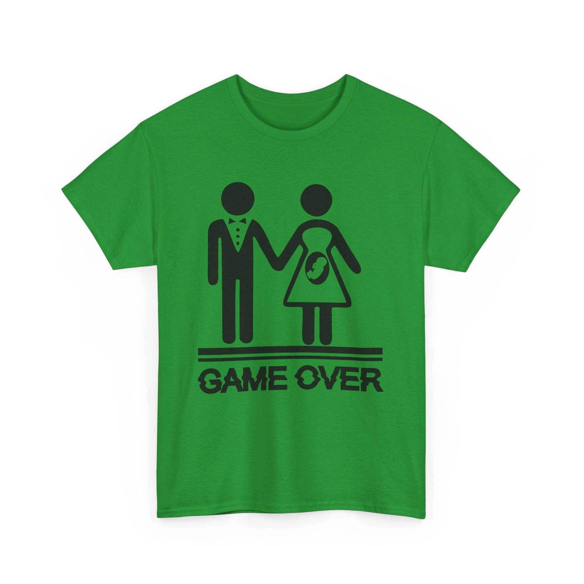 Green T-shirt with black Game Over design: stick-figure couple, baby-on-board icon, and bold GAME OVER text.