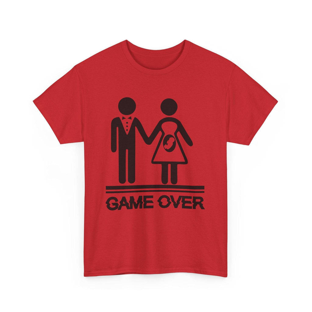 Red t-shirt featuring a black stick-figure couple, baby bump icon, and bold GAME OVER text.