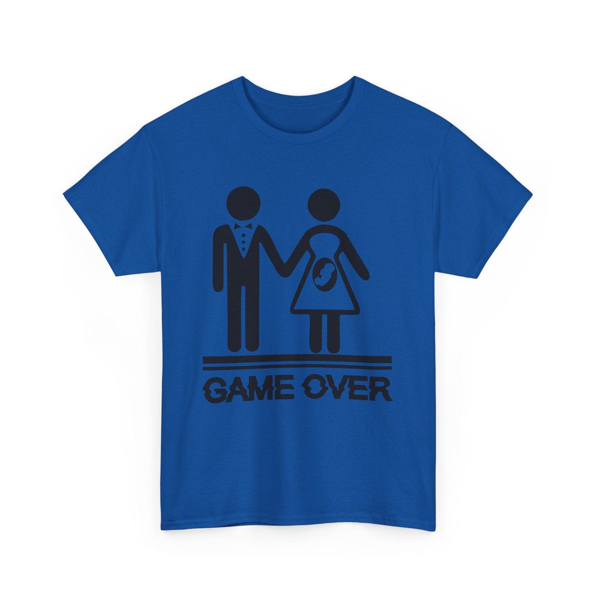 Blue Gildan 5000 T-shirt with black GAME OVER graphic: couple holding hands and baby-on-board icon.