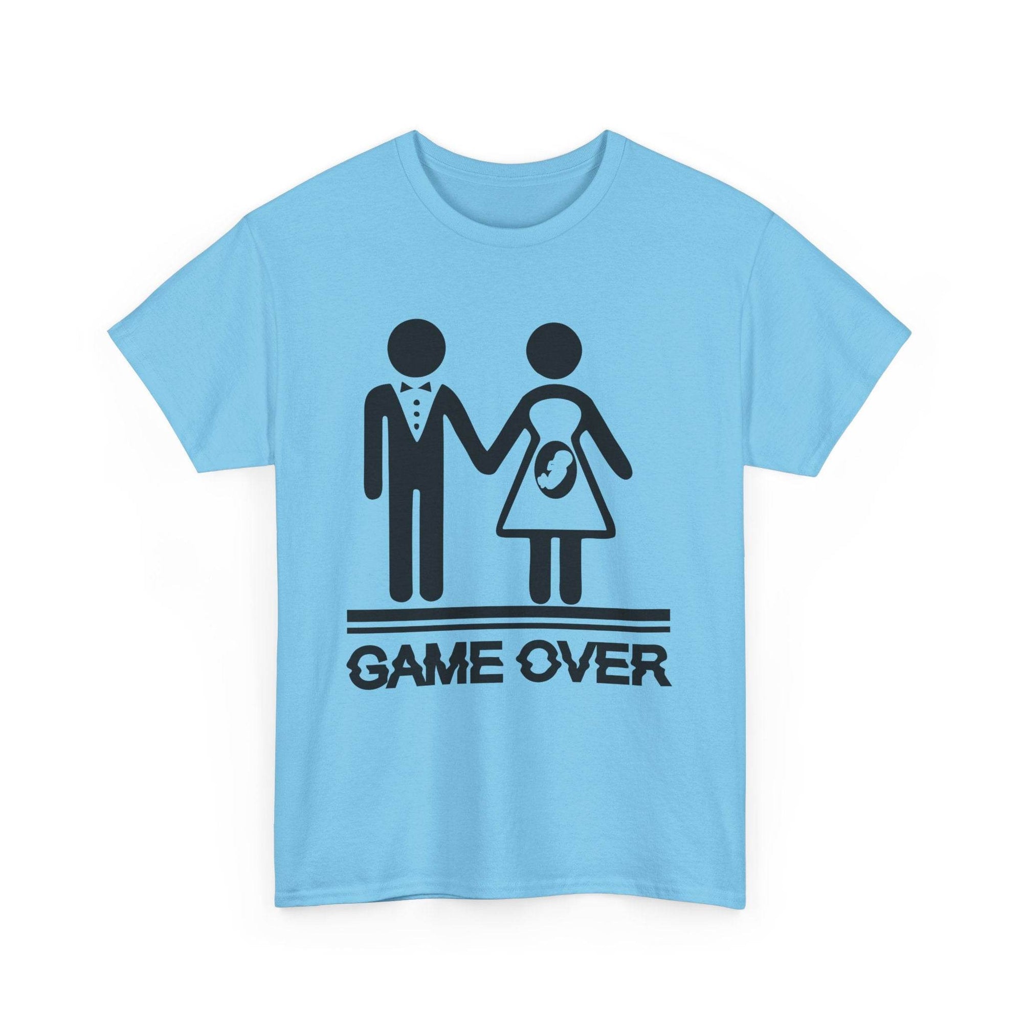 Light blue T-shirt featuring Game Over design: stick-figure couple, pregnant bride icon, and bold GAME OVER text