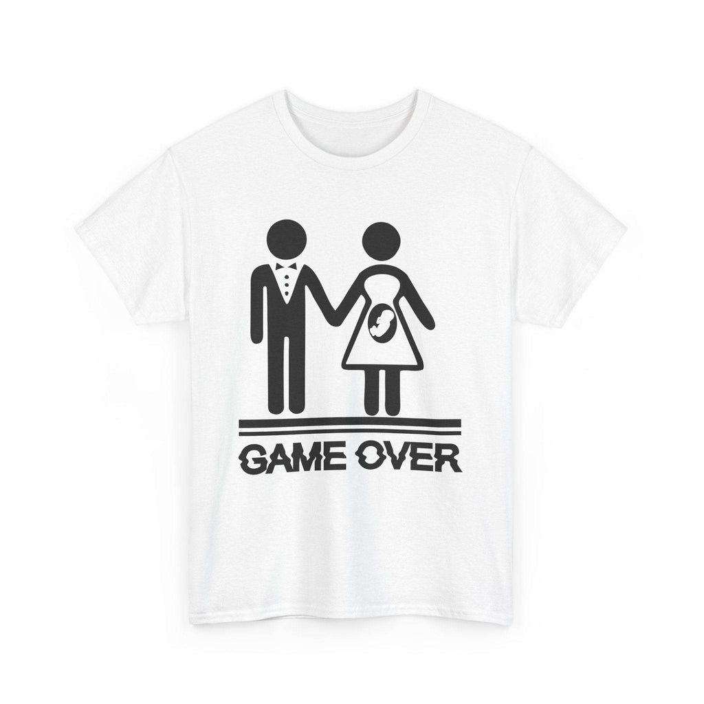 Game Over wedding and pregnancy reveal tee with stick-figure couple, baby icon, and bold GAME OVER text.