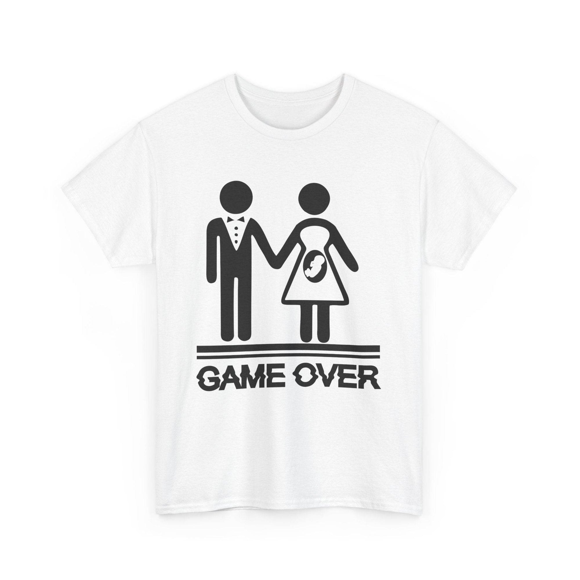 Game Over wedding and pregnancy reveal tee with stick-figure couple, baby icon, and bold GAME OVER text.