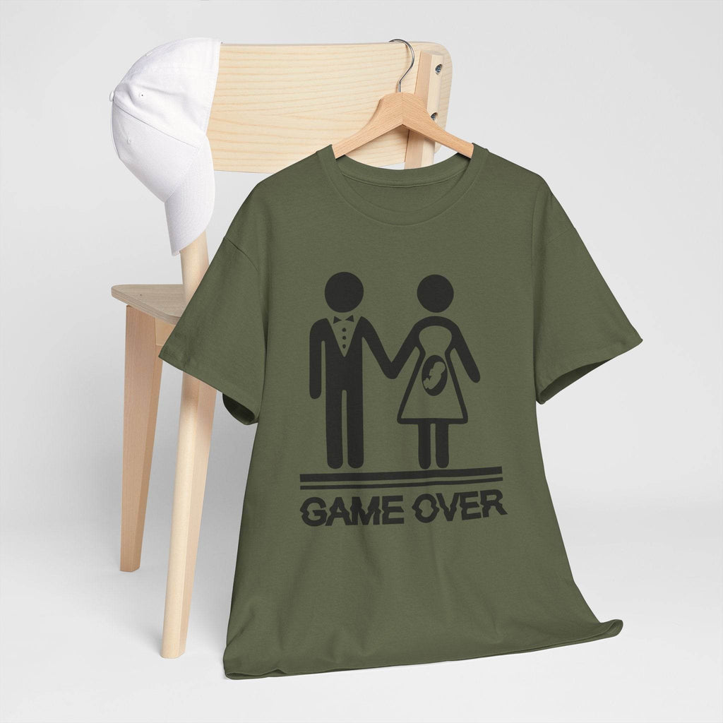 Olive green Game Over wedding and baby reveal tee with stick-figure couple and baby icon (Gildan 5000)
