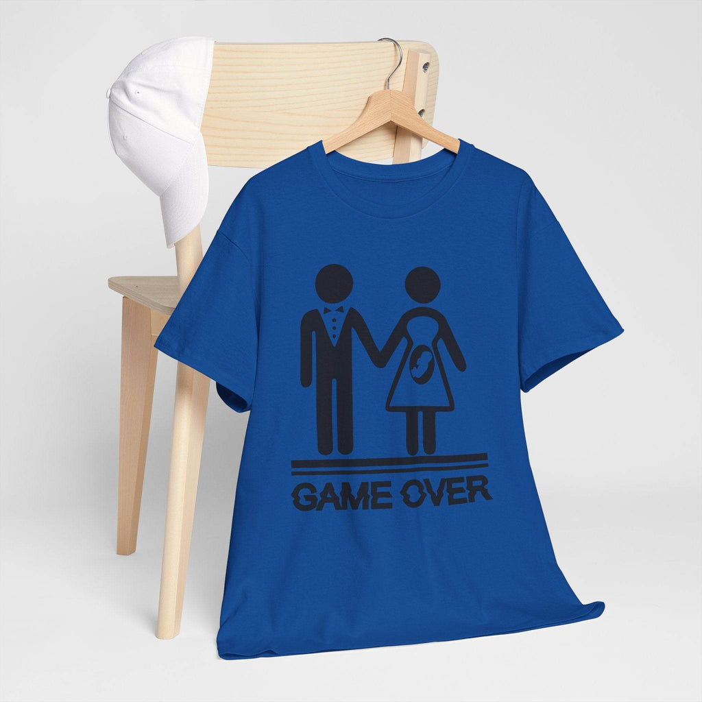Blue T-shirt featuring Game Over design: stick-figure couple holding hands with a baby-on-board icon, bold text.