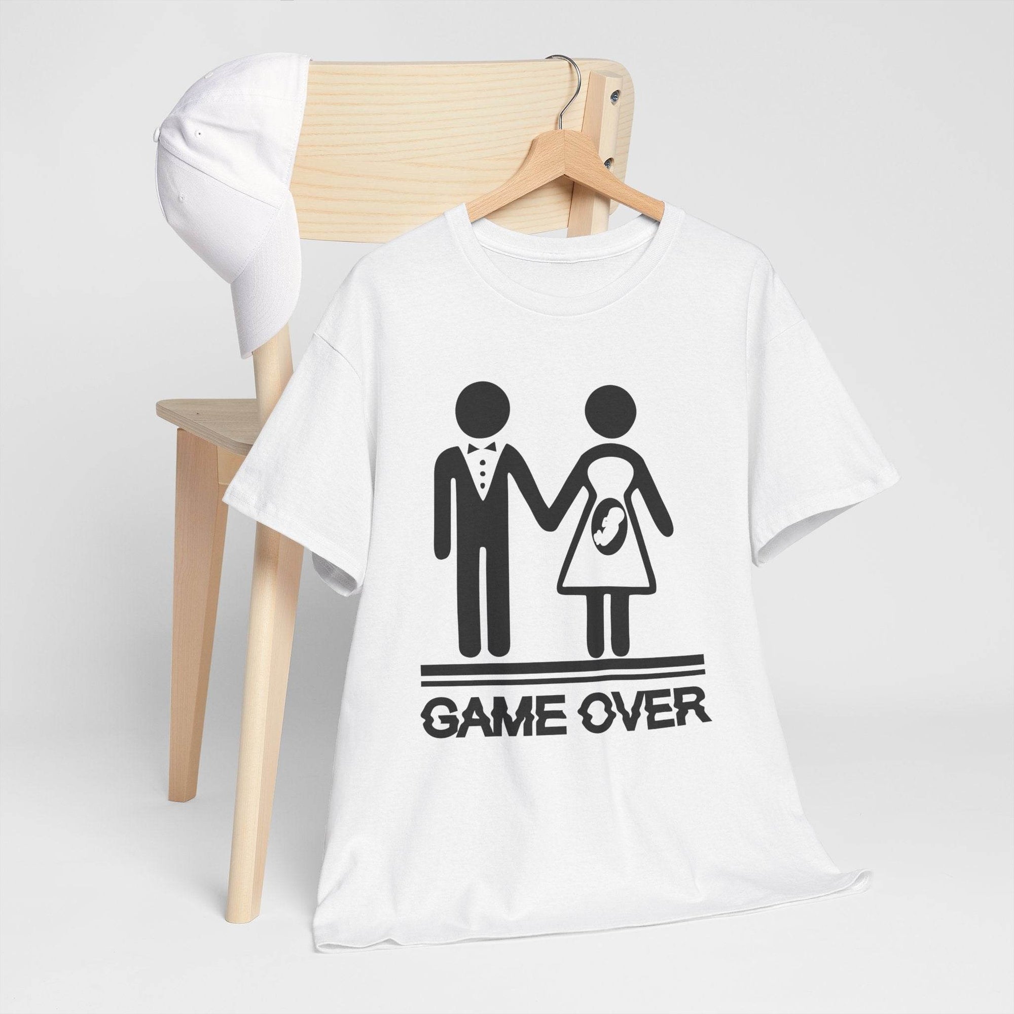 Game Over wedding pregnancy reveal tee with stick-figure couple, baby icon, and GAME OVER on white Gildan 5000 shirt