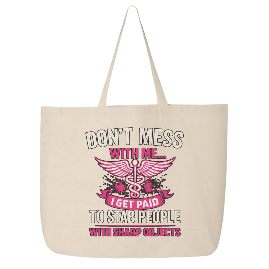 Beige tote bag with pink and black graphic and text on a transparent background