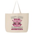 Beige tote bag with pink and black graphic and text on a transparent background