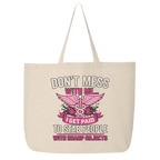 Beige tote bag with pink and black graphic and text on a transparent background
