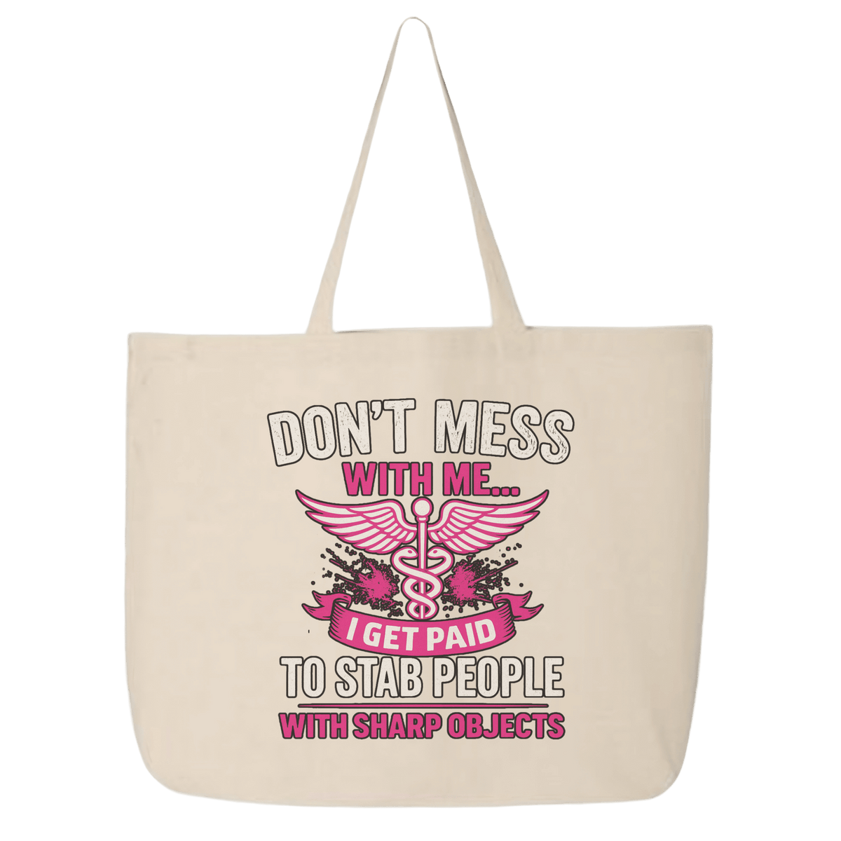 Beige tote bag with pink and black graphic and text on a transparent background