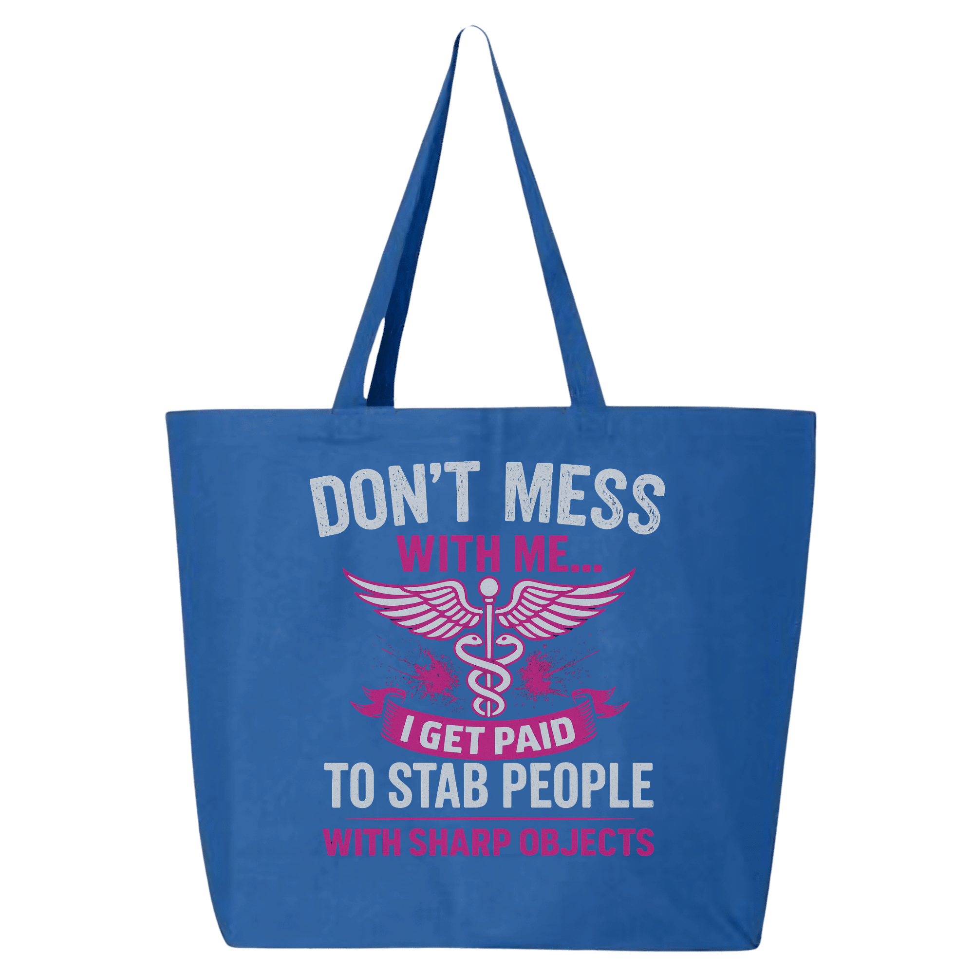 Blue tote bag with humorous text design on a transparent background