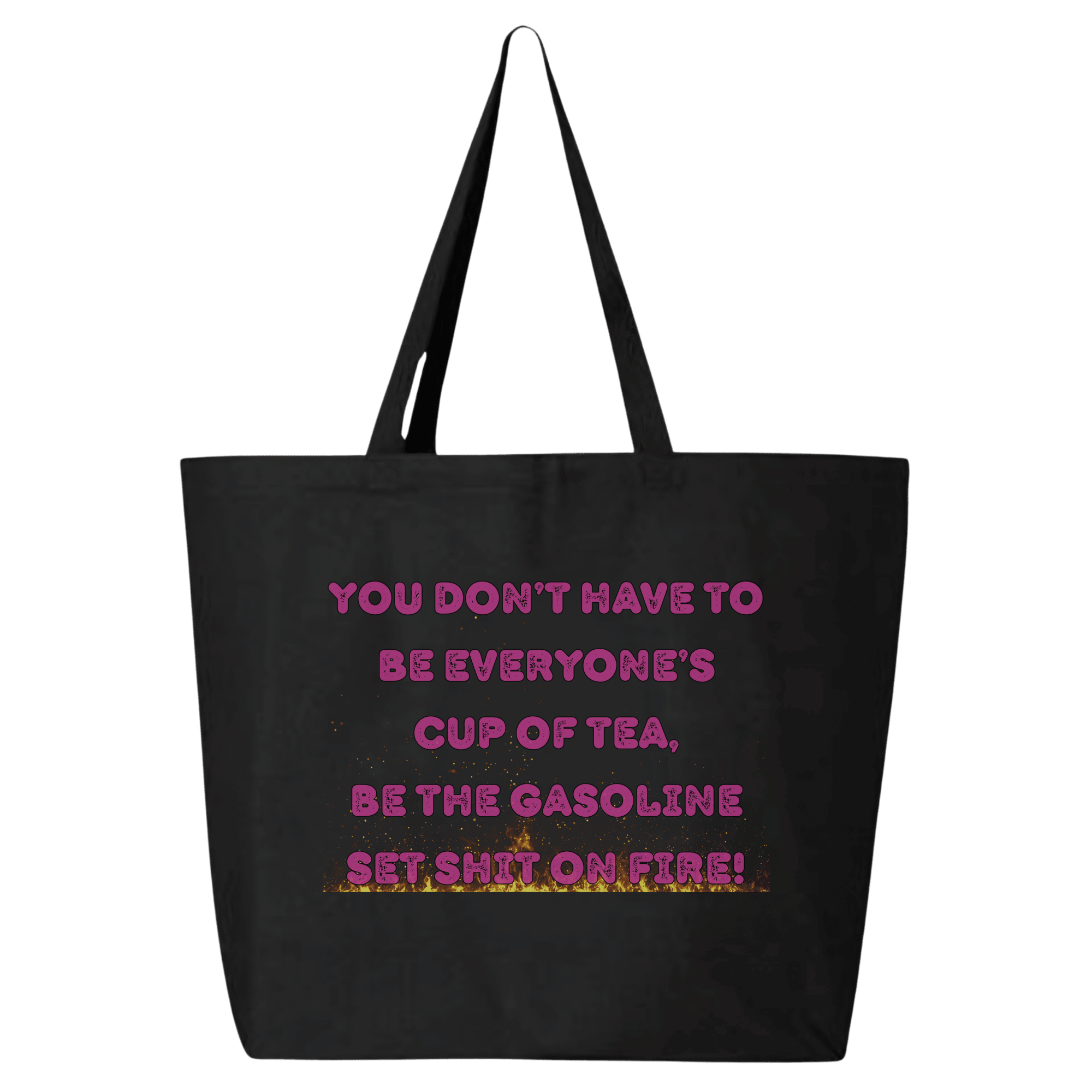 Black tote bag with pink and yellow text on a transparent background