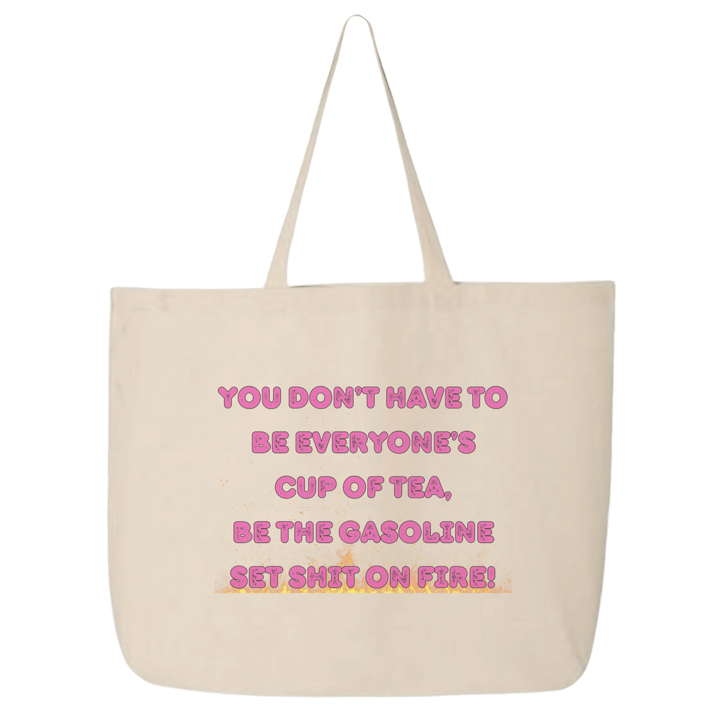 Beige tote bag with pink and yellow text on a green background