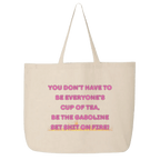 Beige tote bag with pink and yellow text on a green background