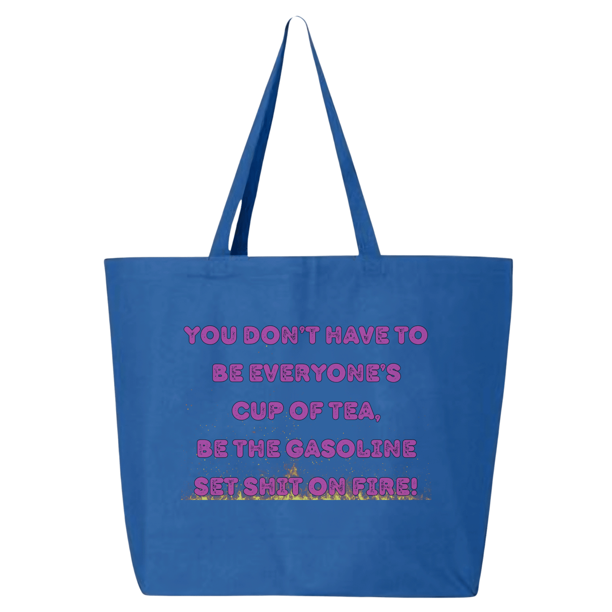 Blue tote bag with pink text on a green background