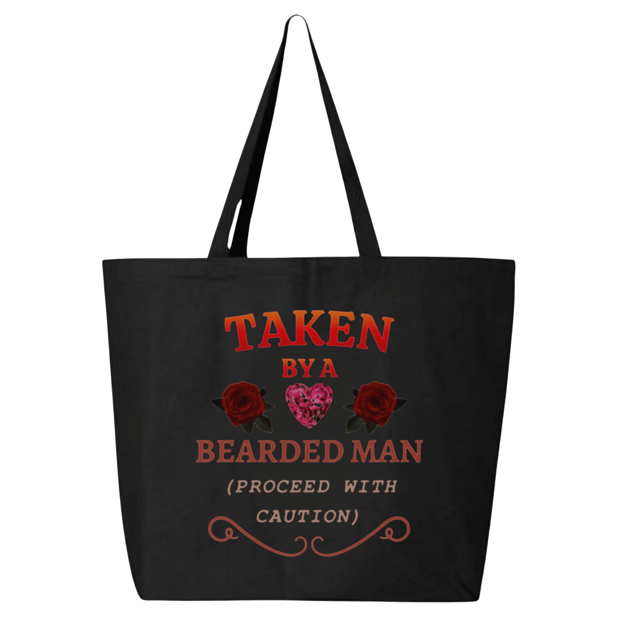 Black tote bag with red and pink text and graphics on a transparent background