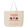 Beige tote bag with red text and floral designs on a transparent background