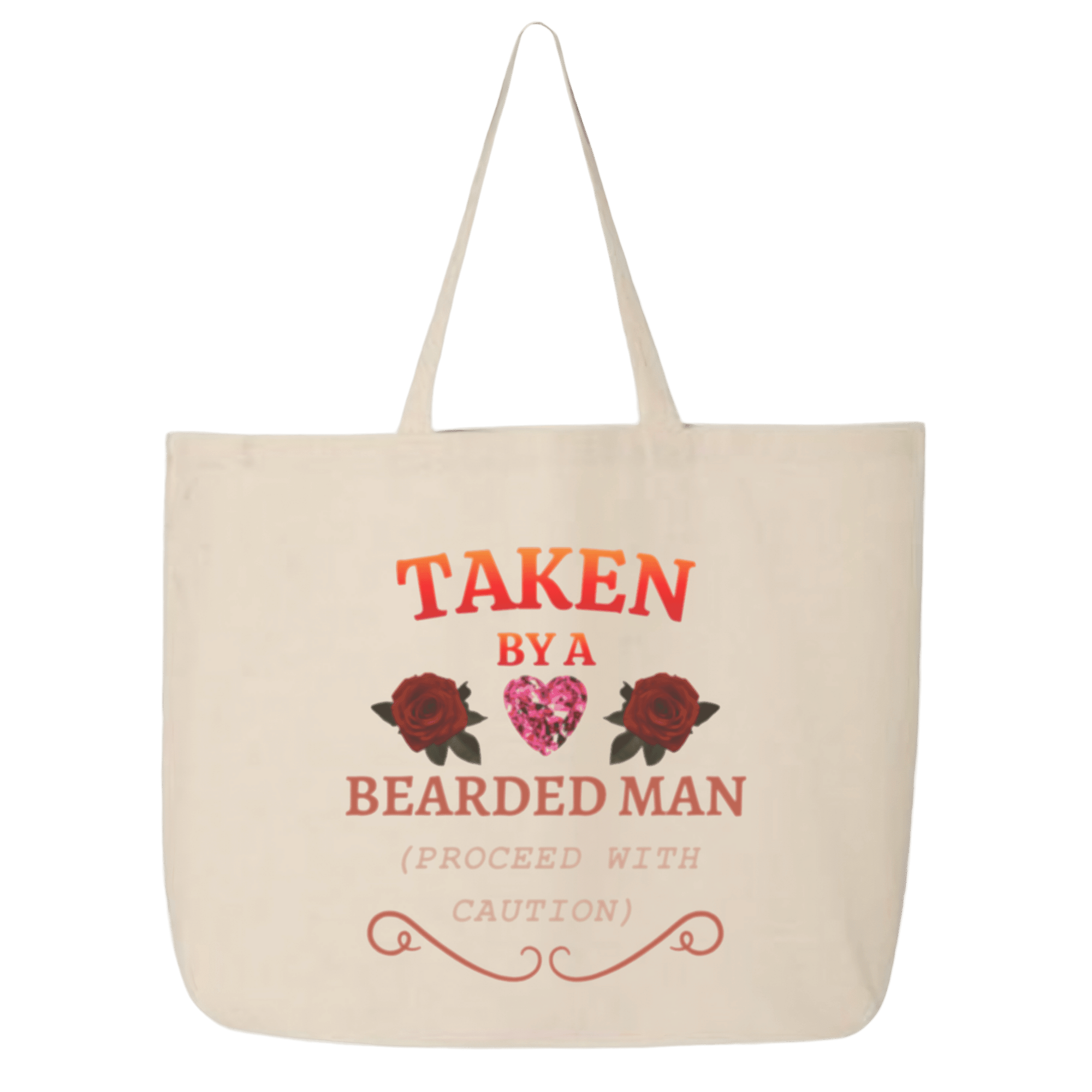 Beige tote bag with red text and floral designs on a transparent background