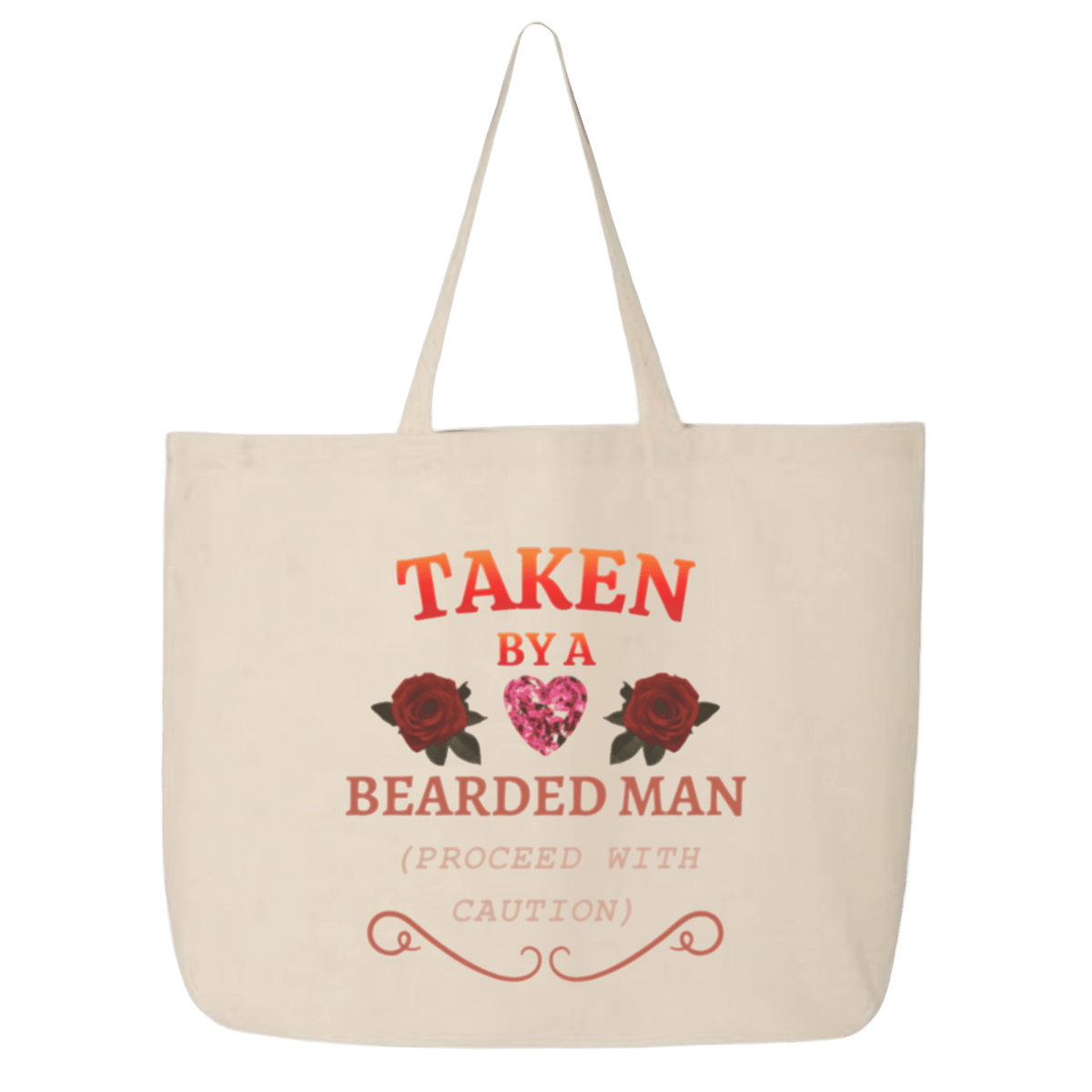 Beige tote bag with red text and floral designs on a transparent background