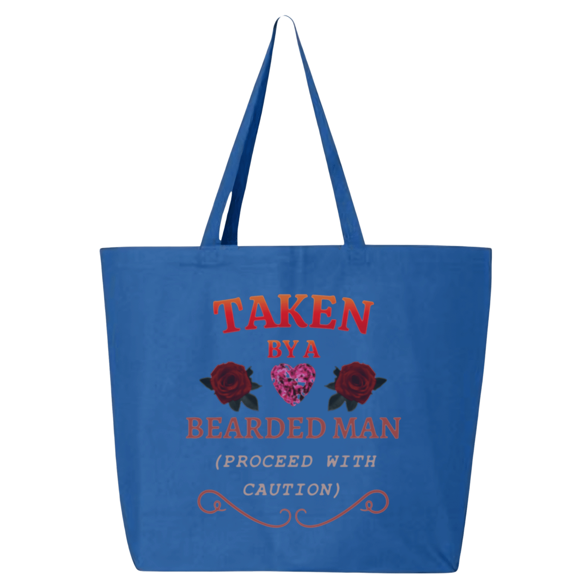 Blue tote bag with red text and floral graphics on a green background