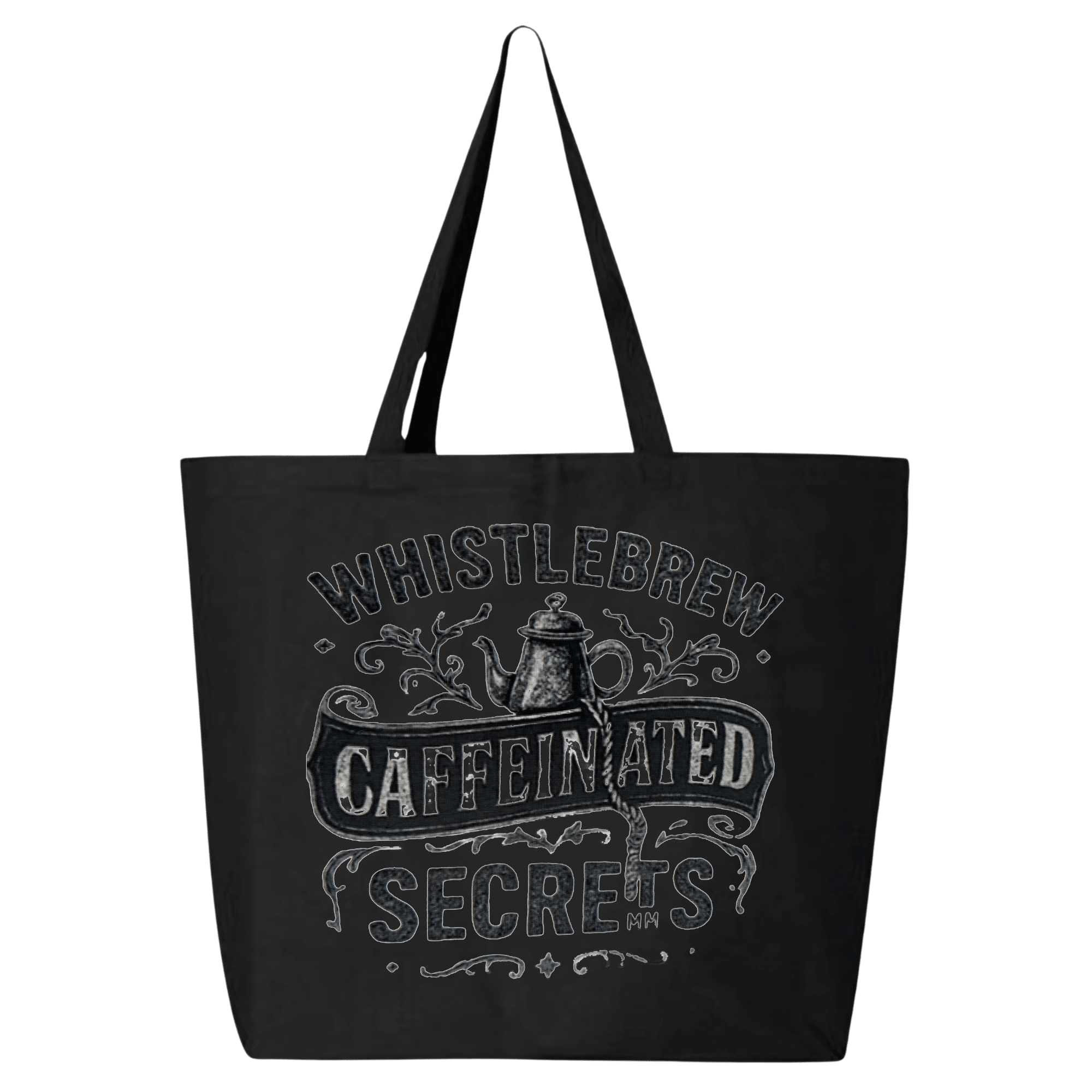 Black tote bag with 'Whistlebrew Caffeinated Secrets' text and design on a transparent background
