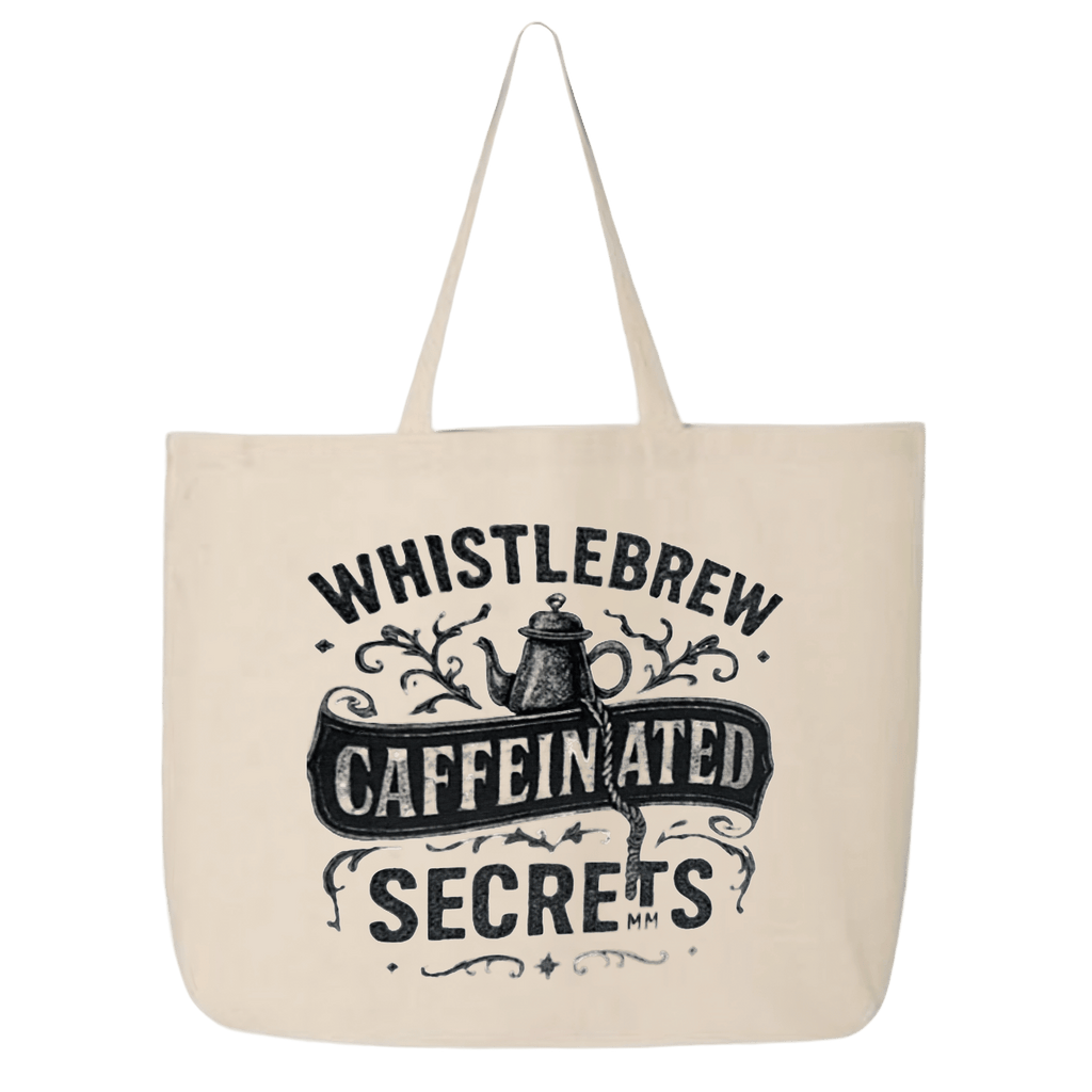 Beige tote bag with black text and design on a transparent background
