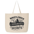 Beige tote bag with black text and design on a transparent background