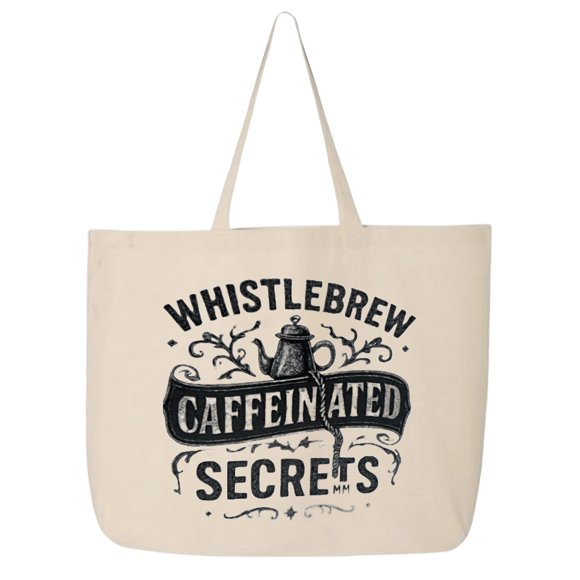 Beige tote bag with black text and design on a transparent background