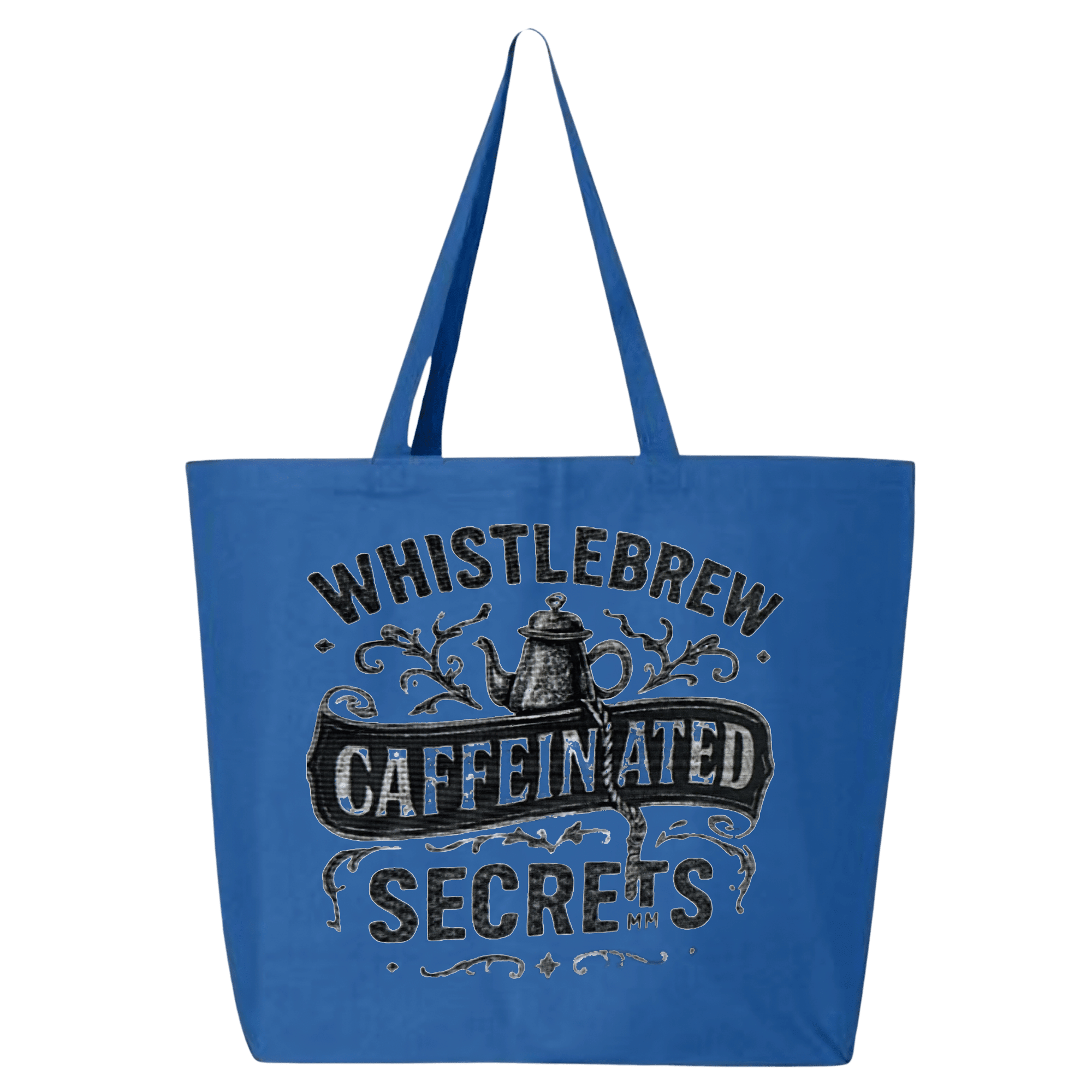 Blue tote bag with 'Whistlebrew Caffeinated Secrets' text and graphic on a transparent background