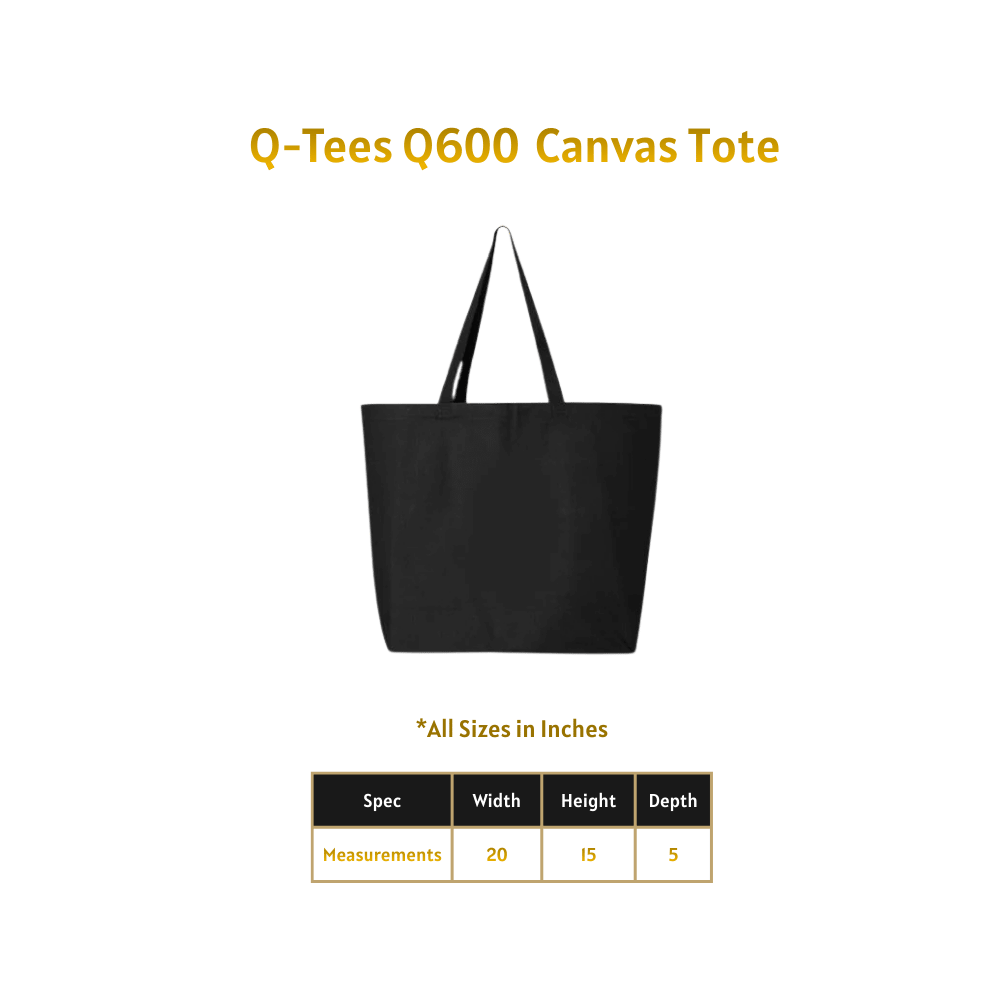Black canvas tote bag with Q-Tees Q600 branding on a green background