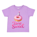 Purple t-shirt with a donut graphic and 'Two Sweet' text on a transparent background handmade to order by D&L Vinyl-Laser
